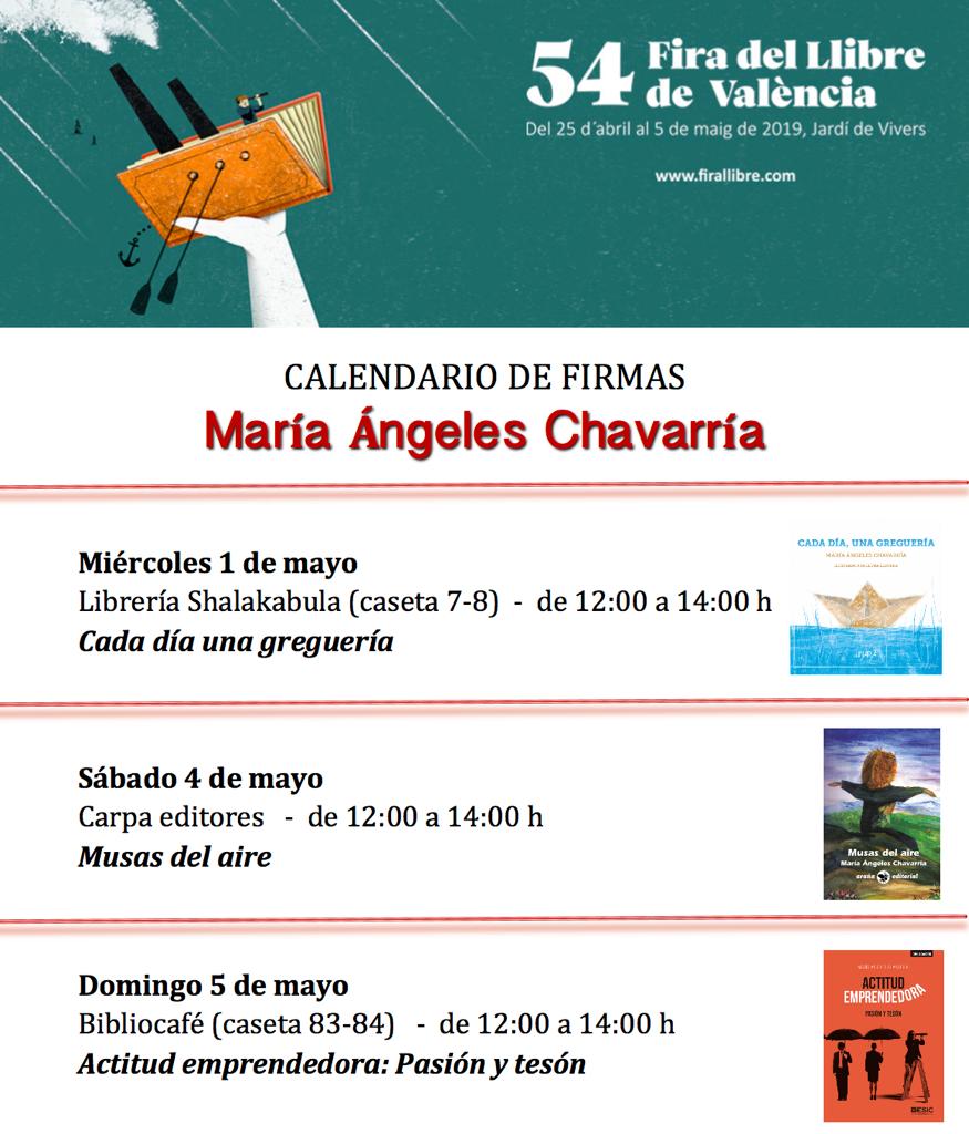 Calendario de firmas de la escritora María Ángeles Chavarría. Una autora imprescindible. Hallarán sus obras en la Feria del libro de Valencia.
#feriadellibrodevalencia #escritoras #firmadelibros  #valencialiteraria #mujeresescritoras #mujerescultural #mujeresqueescriben