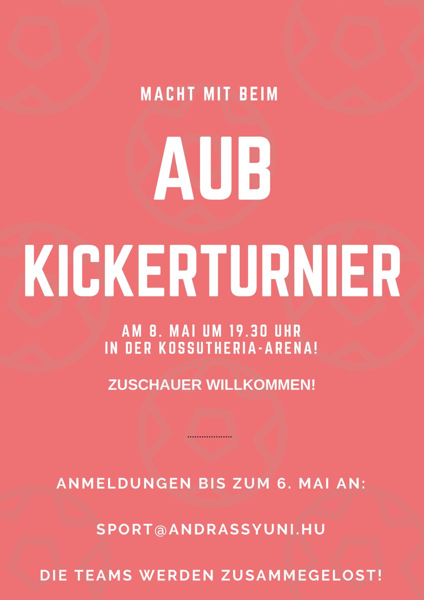 Andrássy Universität (@andrassyuni) on Twitter photo ⚽️🍻🏆🍻⚽️
Kickerturnier an der #andrassyuni!
Die Studierendenschaft der AUB lädt alle (Ex-)Studierende herzlich ein, am Tisch ihre Skills zu demonstrieren! 😎Anmeldung bis zum 6. Mai per Mail unter: sport@andrassyuni.hu.
Zuschauer sind ebenfalls willkommen! 👀
#studyinbudapest ⚽️🍻🏆🍻⚽️
Kickerturnier an der #andrassyuni!
Die Studierendenschaft der AUB lädt alle (Ex-)Studierende herzlich ein, am Tisch ihre Skills zu demonstrieren! 😎Anmeldung bis zum 6. Mai per Mail unter: sport@andrassyuni.hu.
Zuschauer sind ebenfalls willkommen! 👀
#studyinbudapest
