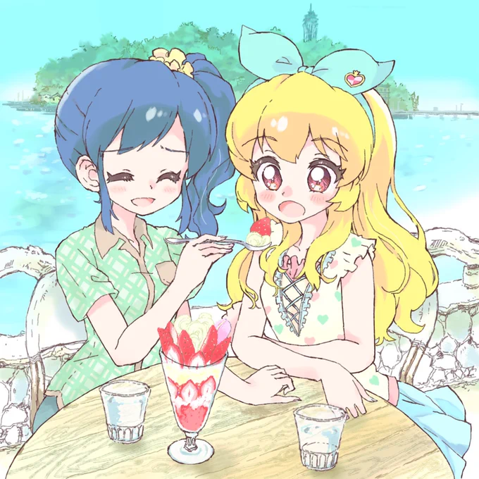 かきました
>あおいちゃんといちごちゃんがパフェ食べてるイラストおねがいします! https://t.co/yXoMIw7msw #odaibako_MomoKurihana 