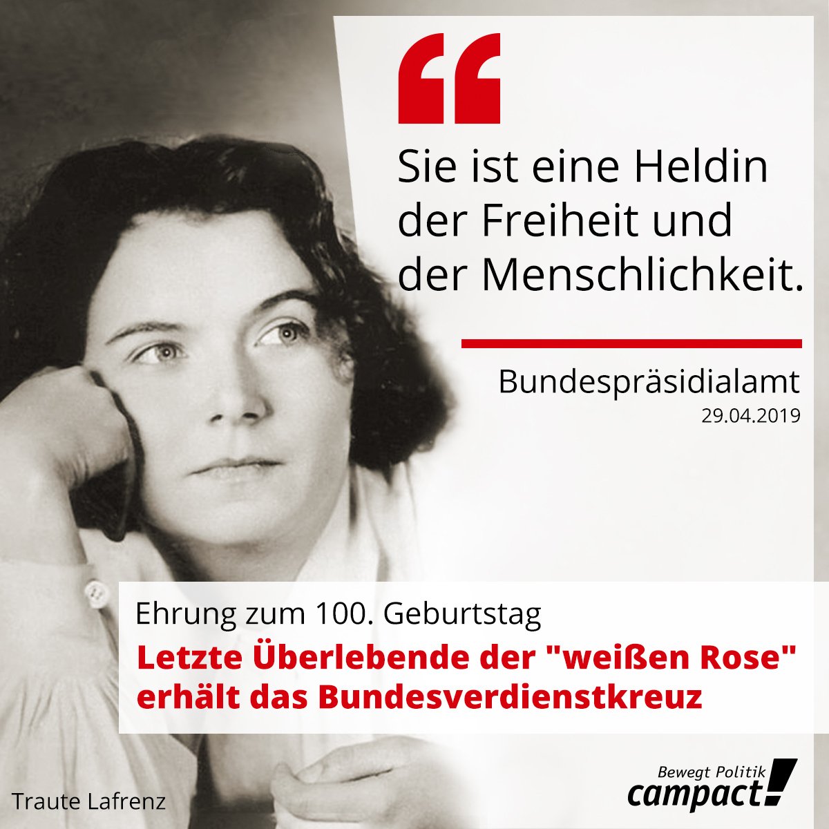 Längst überfällig - Traute #Lafrenz wird für ihren Mut geehrt. Sie hat sich gegen das Gewaltregime der Nazis aufgelehnt. Lasst auch uns gegen Menschenfeindlichkeit aufstehen: Am 19. Mai demonstrieren wir europaweit gegen Nationalist*innen. #1EuropaFuerAlle #Bundesverdienstkreuz