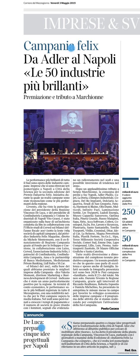 MicheleMontemu's tweet photo. Grazie al dorso campano del Corriere della Sera #IndustriaFelix ⚙️🇮🇹@CervedGroup @BancaMediolanum @LidlItalia @UniLUISS @Confindustria @Reg_Campania @VincenzoDeLuca https://t.co/kcMTKMc7OD