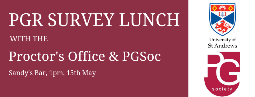StADoEd's tweet image. The Proctor's Office &amp;amp; the PG Society will be providing lunch for PGR students in Sandy's Bar (SA) at 1pm, 15th May. Come along to socialise with PGRs from Schools across the University, complete your survey and speak to student and staff representatives.