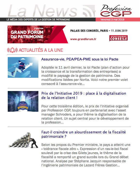 ProfessionCGP's tweet photo. 🔴[#VendrediLecture] #CGP, parce que l'actualité en #GestionDePatrimoine ne s'arrête jamais, retrouvez la News Hebdo qui dresse le récap' de l'info qu'il ne fallait pas manquer 
▶️ https://t.co/Roc7YsbIht
#fiscalite #GrandForum #AssetManagement #AssuranceVie #logiciel https://t.co/PyyVFuGq7P