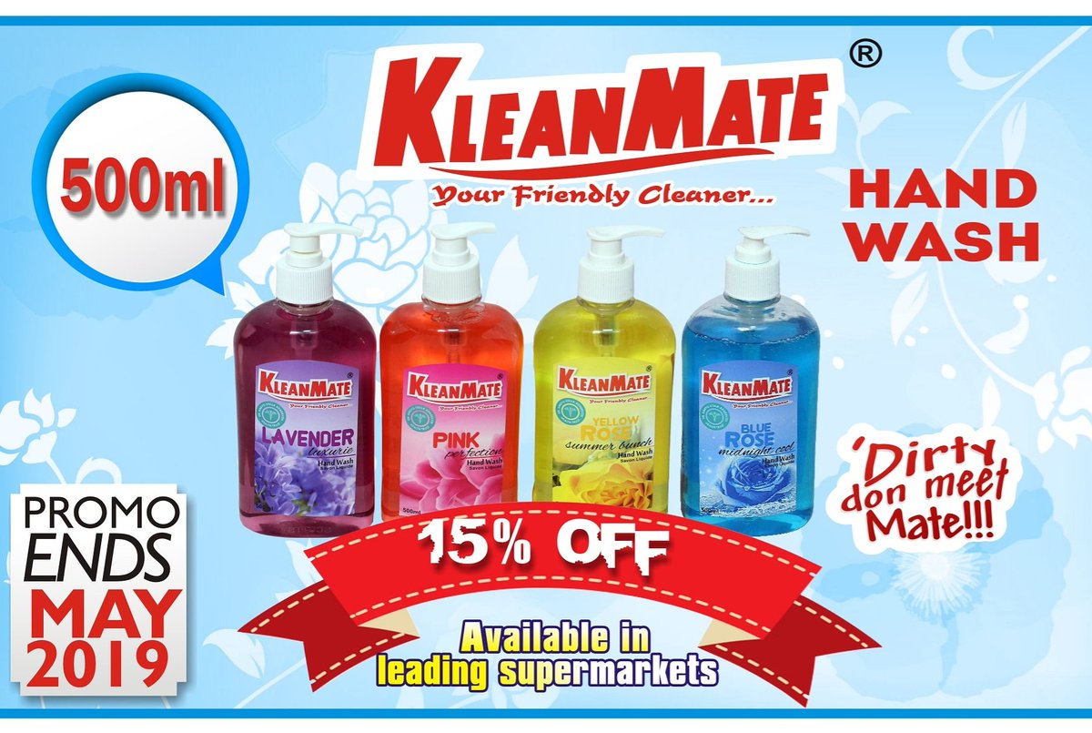 kleanmate's tweet image. We wish to thank all our customers for always keeping their home and workplace clean and healthy.Extending a 15 percent discount on all our 500 ml Handwash specially for you! Available in leading supermarkets near you till 31 May 2019.#antibacterial #walmart #handwash #kleanmate