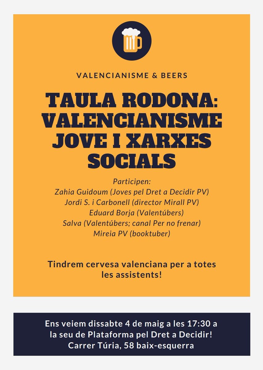 MirallValencia's tweet photo. Ens veiem DEMÀ 17:30 al local de @DaDPV (Carrer Túria, 58; baix-esquerra) 🍻 per parlar sobre valencianisme i xarxes socials 💻.

Pros: hi haurà cerveseta freda GRATIS ✔️.
Contres: la cervesa serà necessària per aguantar el pesat de @SrCarbonell ❌. https://t.co/I4dmqdAJZp