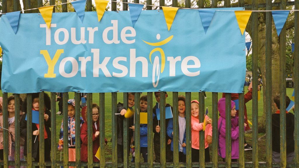 The children of Ryhill school out celebrating the tour de Yorkshire as it went past.