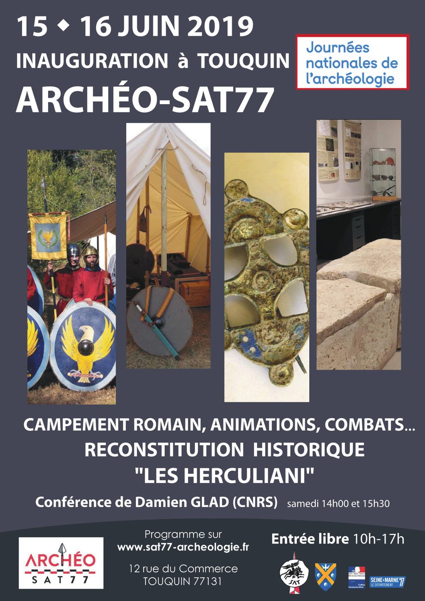 Du 15 au 16/06/19, dans le cadre des #JNA19 @jna_officiel, nous inaugurons ARCHÉO-SAT 77, centre archéologique et patrimonial situé à Touquin (à 25kms de Marne-la-Vallée) avec de nombreuses activités :
reconstitution historique, combats, animations, campements romains, conférence