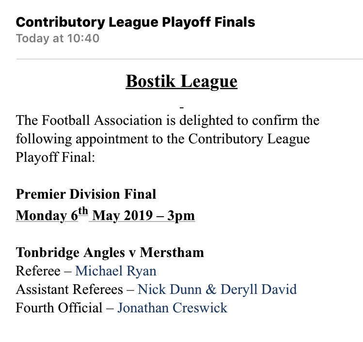 Absolutely buzzing to have been appointed as Assistant Referee for The Bostik League Premier Division Play Off Final, fantastic way to end the season🎉