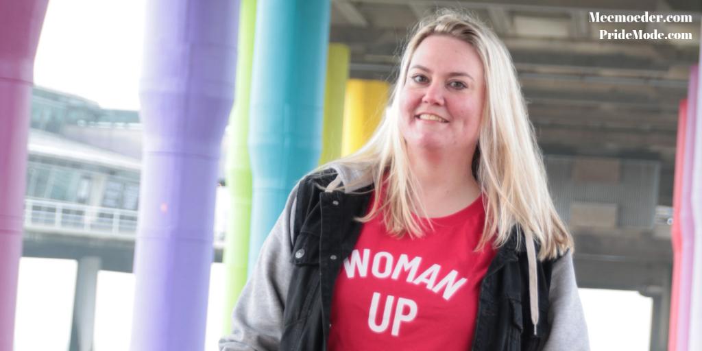 Meemoederdotcom's tweet photo. Today used to be my mom's birthday. On this date, I always try to do something positive. Here are photos of me wearing @PrideMode's Woman Up shirt. It's a relatively new queer company that offers merch with all the things our community can be proud of. 
#PrideMode #PrideModeFan https://t.co/Ne4CeAfjYd
