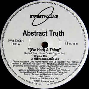 ABSTRACT TRUTH released (WE HAD) A THING in 1998 on Streetwave.

Featuring the vocals of the incomparable <a href="/moniquebingham/">monique bingham</a> this smooth groove got the remix treatment from DEEP ZONE’s <a href="/Matty_Heilbronn/">Matthias Heilbronn</a> with this stunning soulful house version.

#HouseMusic

youtu.be/82L_5wc5dtE