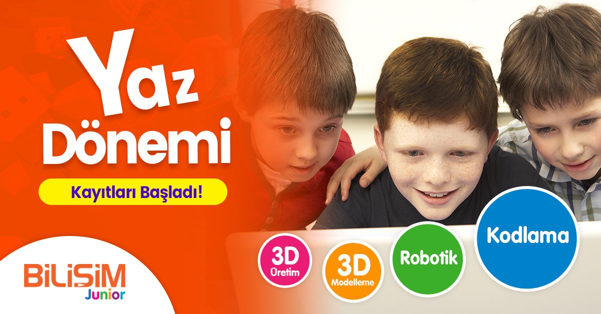 Çocuklarımızı kodlama ve robotik eğitimleri ile geleceğin dünyasına hazırlıyoruz. 
Yaz Dönemi Kayıtları Başladı!
Sınırlı sayıda kontenjan ve %60 İndirim fırsatını kaçırmayın!
Detaylı bilgi almak için hemen tıklayın! bit.ly/BilisimJuniorE… 444 32 36

#BilişimJunior #yazılım