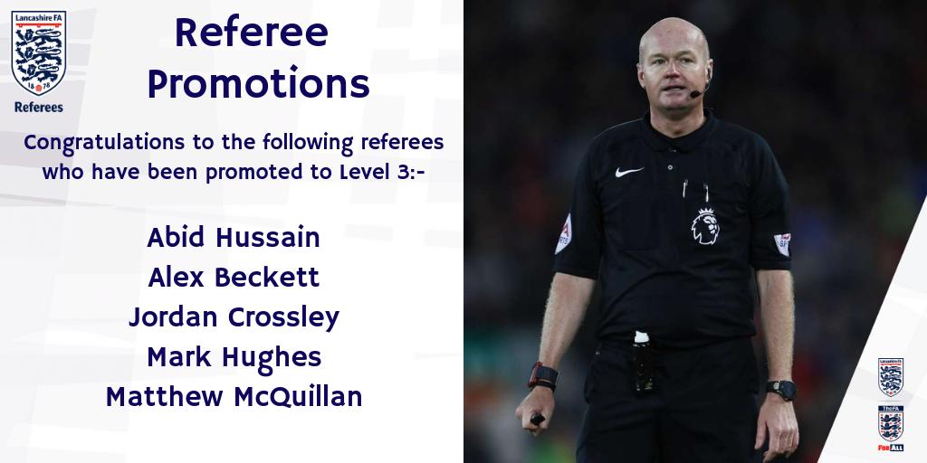 LFARefs's tweet photo. ๐REFEREE PROMOTIONS๐
Following a meeting of the @FA Referee's Committee, we are delighted to announce that 5 @LancashireFA match officials have been promoted to Level 3 (Contributory League) referees โฝ๏ธ
Well done to all referees on your fantastic achievements and success ๐ https://t.co/7aRuFJDQNn