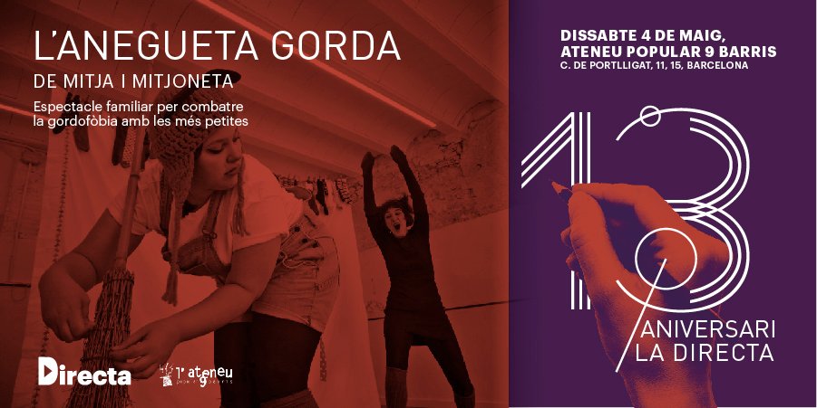 Directa (@la_directa) on Twitter photo <a href="/Mitjaimitjoneta/">Mitja i Mitjoneta Teatre</a> <a href="/Somso_Batucada/">Somso Batucada</a> <a href="/ArtsCanBatllo/">Arts Can Batlló</a> <a href="/QLahoz/">QUERALT LAHOZ</a> @elTornadoweb <a href="/Marujalimonlive/">Maruja Limón</a> <a href="/TesaAltesa/">👑 TESA 👑</a> <a href="/ateneu9b/">AteneuPopular9Barris</a> <a href="/CotxeresCasinet/">Casinet-Cotxeres</a> ⏰A les 17.30h obrim les portes de l' <a href="/ateneu9b/">AteneuPopular9Barris</a> i comença l' #AniversariDirecta amb l'espectacle familiar de <a href="/Mitjaimitjoneta/">Mitja i Mitjoneta Teatre</a> contra la gordofòbia.
Al llarg de la tarda hi haurà un taller de serigrafia per a tots els públics a càrrec d' <a href="/ArtsCanBatllo/">Arts Can Batlló</a>
#PeriodismeSíFestaTambé <a href="/Mitjaimitjoneta/">Mitja i Mitjoneta Teatre</a> <a href="/Somso_Batucada/">Somso Batucada</a> <a href="/ArtsCanBatllo/">Arts Can Batlló</a> <a href="/QLahoz/">QUERALT LAHOZ</a> @elTornadoweb <a href="/Marujalimonlive/">Maruja Limón</a> <a href="/TesaAltesa/">👑 TESA 👑</a> <a href="/ateneu9b/">AteneuPopular9Barris</a> <a href="/CotxeresCasinet/">Casinet-Cotxeres</a> ⏰A les 17.30h obrim les portes de l' <a href="/ateneu9b/">AteneuPopular9Barris</a> i comença l' #AniversariDirecta amb l'espectacle familiar de <a href="/Mitjaimitjoneta/">Mitja i Mitjoneta Teatre</a> contra la gordofòbia.
Al llarg de la tarda hi haurà un taller de serigrafia per a tots els públics a càrrec d' <a href="/ArtsCanBatllo/">Arts Can Batlló</a>
#PeriodismeSíFestaTambé