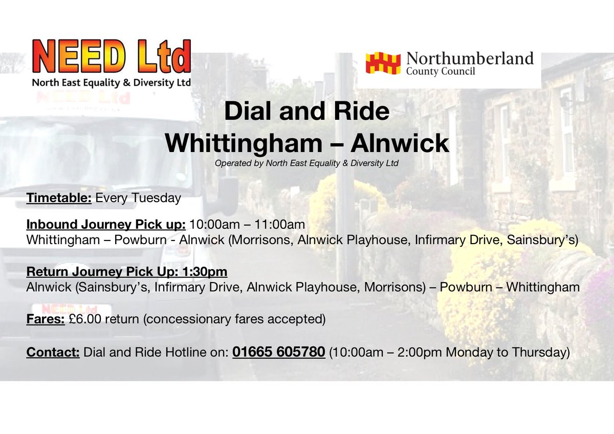 Give the office a ring to book on the whittingham dial a ride service which runs on a Tuesday #communitytransport #northumberland #isolation <a href="/N_landCouncil/">Northumberland County Council</a>