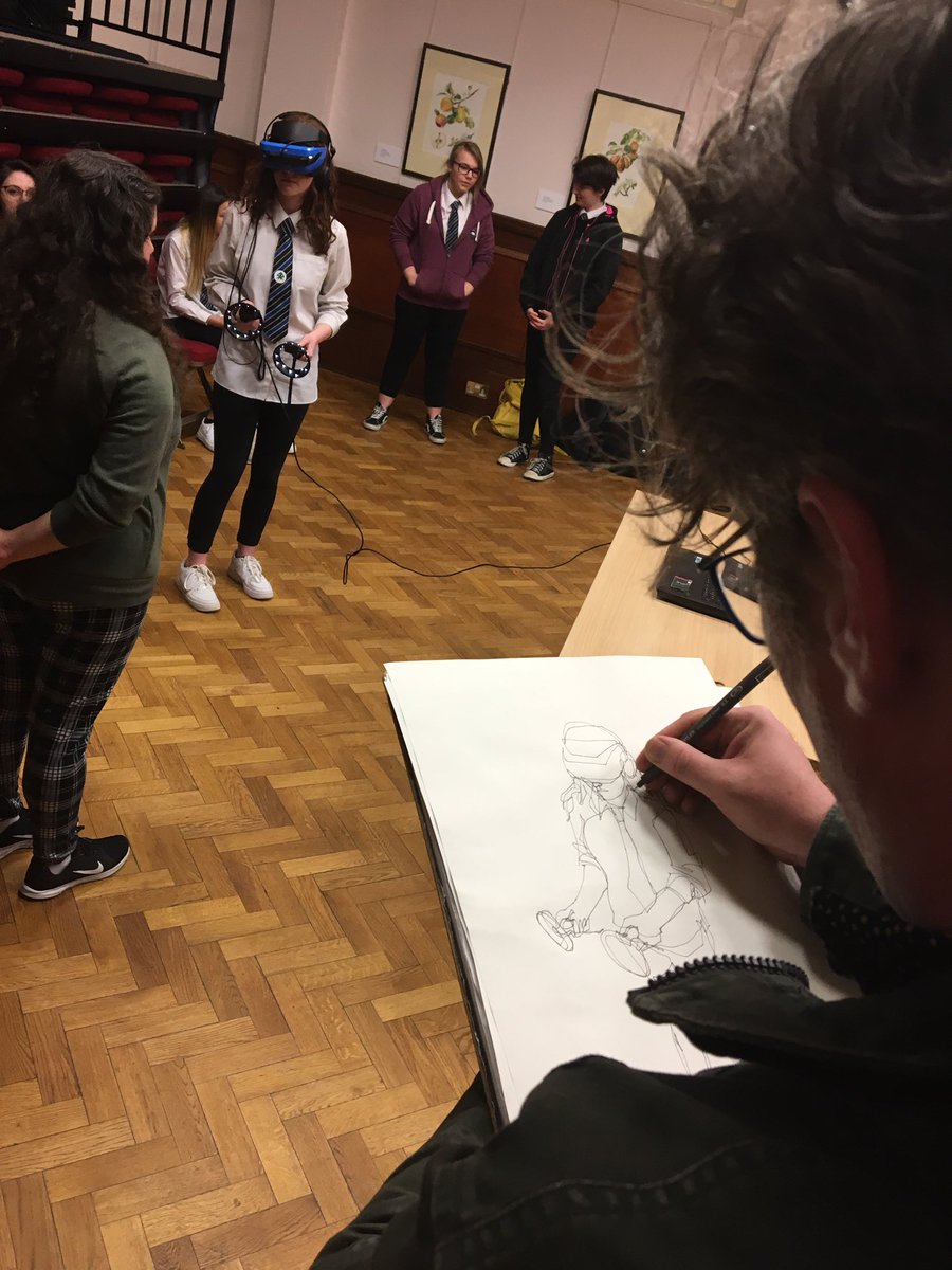 BlairgowrieART's tweet image. Pupils experiencing VR with Abertay students while being live sketched by illustrator Dylan Gibson. Wonderful contrast and great course advise if you want to embrace technology 😍#CreativeLives19