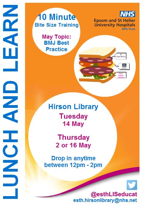 esthLISeducat's tweet photo. Learn about @BMJBestPractice the @NHS_HealthEdEng funded point of care tool during May via our Lunch and Learn sessions. All @epsom_sthelier healthcare staff can have access. Find out more by popping into either library between 12-2pm today. #learningatworkweek2019 @LAWWeekWire https://t.co/mMjYgu58RV