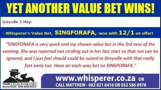 whisperermatt's tweet image. Great start to the Champions Season for The Whisperer! SINGFORAFA tipped as the value bet for the evening, won well with 12/1 on offer! #value #valuebet #formanalysis whisperer.co.za