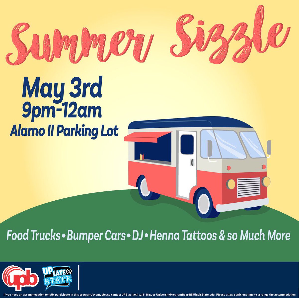 ISUUPB's tweet photo. End your semester with a bang tonight at Summer Sizzle! Students can enjoy free food trucks, bumper cars, henna tattoos, a water balloon toss, and so much more! #UPBeThere https://t.co/NYl20Tcooo