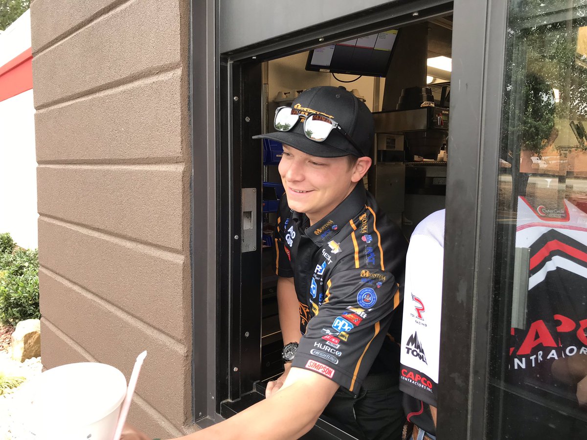 NHRA's tweet photo. We’re having a blast at @Arbys!  @ProckRocket_TF and @SteveTorrence are working the drive-thru, @BrittanyForce and @AngelleSampey taking orders at the counter! 

#SouthernNats https://t.co/WLFY0nY43q
