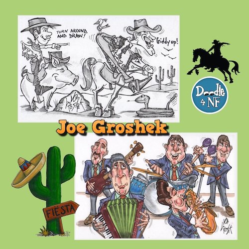 TWO humorous illustrations by editorial cartoonist / caricaturist #JoeGroshek - Bid at tinyurl.com/y3dfsasg and tinyurl.com/yxazrg9y - #cowboy #music #fiesta <a href="/nfnetwork/">Neurofibromatosis Network</a> charity auction