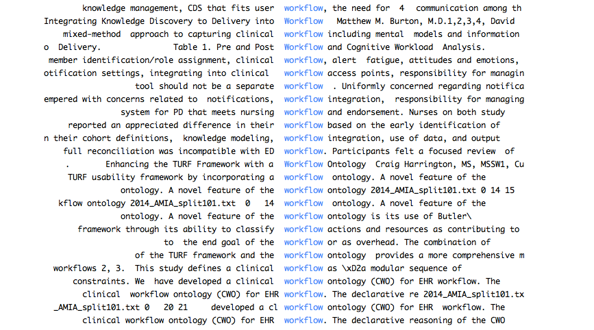 wareFLO's tweet photo. Example of KWIC (Key-Word-In-Context) Part of a concordance for the word 'workflow' in #AMIA2014 proceedings (CC #CIC19) It showed every use of 'workflow' in over 1000 pages of medical informatics research, including surrounding context. Great way to obtain a #gestalt... #HITSM https://t.co/7ANzMN6kO0