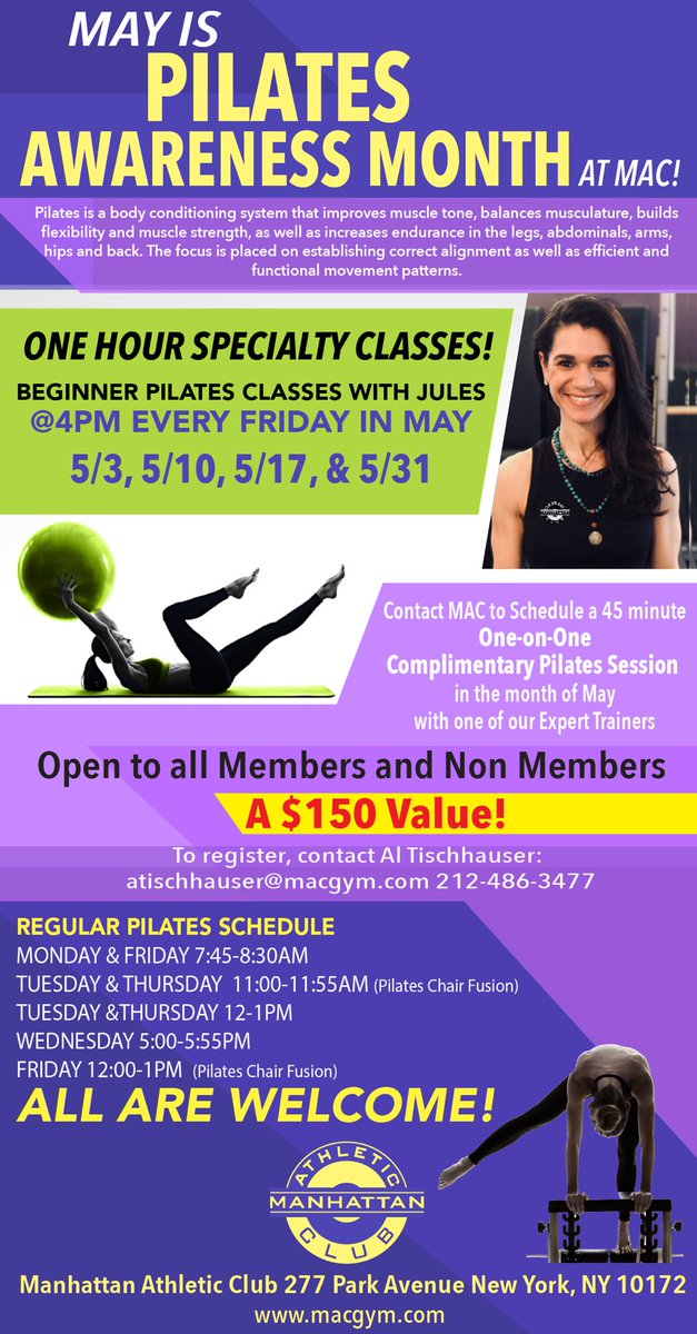 macgymnyc's tweet photo. Today starts our free Pilates class series for the month of May!  Come check it out at 4pm #justbringyourself #mac #macgym #pilates #groupfitness #nycfit #matpilates #pilatesmat https://t.co/2LrQMo9Qu7