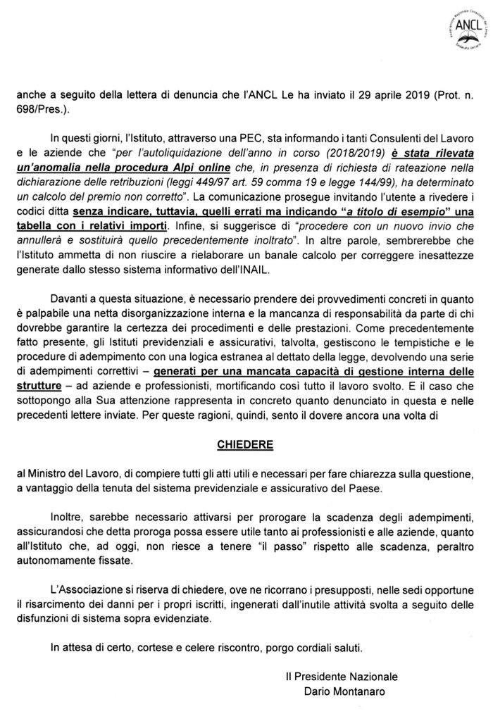 Dopo il mancato adeguamento (può un ente pubblico non rispettare i termini di legge?) anche la procedura Alpi si inceppa e l'#INAIL corre ai ripari. La replica dell'#ANCL che chiede nuovamente al Governo di fare chiarezza.