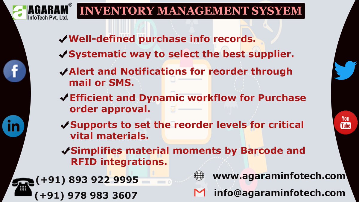 AgaramInfoTech's tweet image. AgES Inventory Management controls stock moment effectively by systematic planning and procurement processes. It increases visibility in the stock across the functional areas and business locations.

#AgaramInfoTech #InventoryManagementSystem #AgES