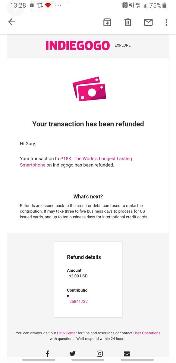 garysullivan's tweet photo. @UnboxTherapy Couple of weeks ago I made a charitable £2 donation to the world's longest lasting smartphone Indiegogo. It's just been refunded 😂 #gameover https://t.co/9KSTiZ9wNp
