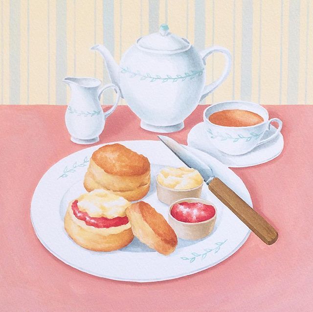 Akiko Watanabe Cream Tea イギリスでは 紅茶とスコーンのセットのことをクリームティーと呼びます Illustration Illust Illustrator Painting Art Artwork Design Tea イラスト イラストレーション イラストレーター T Co