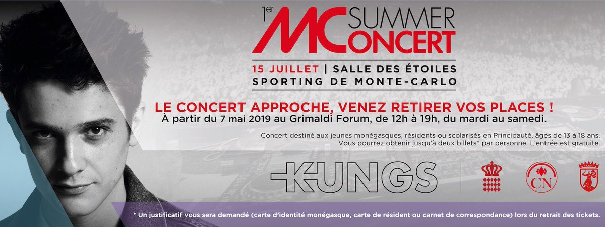 ConseilNatMC's tweet photo. [#MCSummerConcert]
Venez retirer vos places dès mardi 7 mai au @Grimaldi_Forum pour assister au concert gratuit de @KungsMusic ! 

Organisé à l'initiative du @ConseilNatMC, conjointement avec le @GvtMonaco &amp; @MairieMonaco, le #MCSummerConcert se déroulera le 15 juillet à #Monaco https://t.co/f7amxdqcei