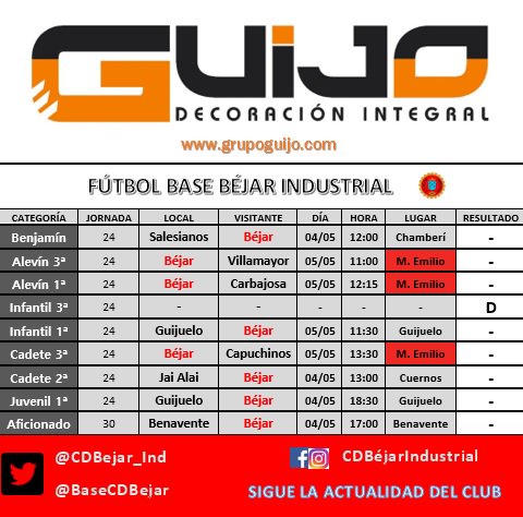 BaseCDBejar's tweet photo. 🚨 JORNADA 2⃣4⃣

📝 Partidos TRASCENDENTALES del Alevín A y el Juvenil, ambos con la permanencia en juego.

⚔️ Choque de la jornada: @clubdepguijuelo 🆚 @BaseCDBejar juvenil mañana a las 18:30 en el Municipal.

📆 Consulta horarios y campos ⬇️

#ElBéjarQueViene ❤️🖤 https://t.co/pX66JiFuHK