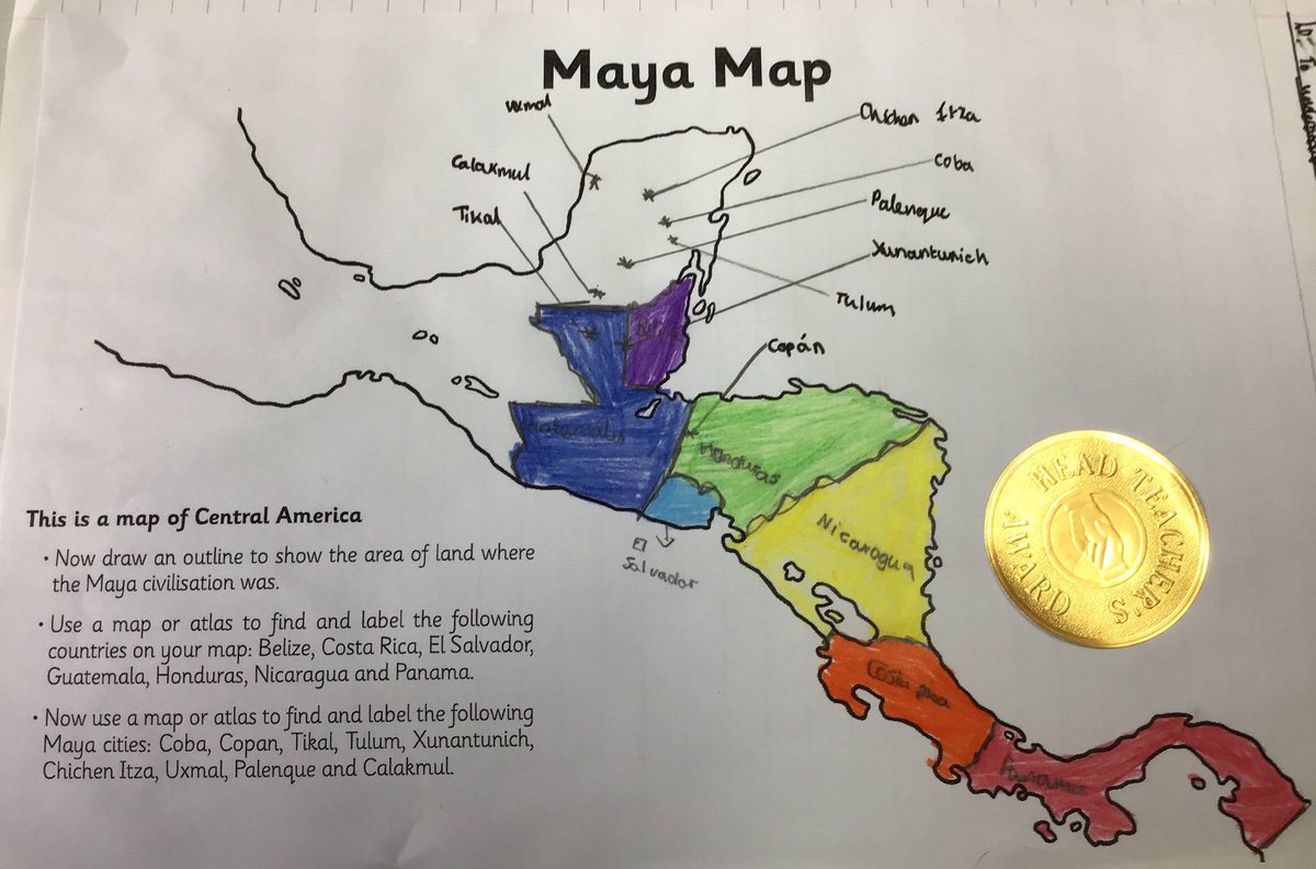 CassiopeiaClass's tweet photo. We are learning about the Mayans in history and obviously we wanted to know where they were from. Look at this awesome map work about Central American by Scarlett! #Mayans https://t.co/gqycfjkMdc