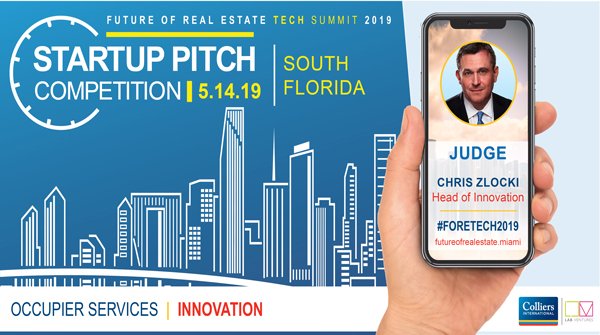 Colliers's tweet photo. Colliers' Head of Innovation, Chris Zlocki, will be judging the Startup Pitch Competition at the Future Of Real Estate Tech Summit 2019 by @thelabmiami on May 14 in Florida. Join him here: https://t.co/3xUfoe2LTs | #CRE #CRETech #BeColliers #FORETECH2019 https://t.co/0438svTN1v