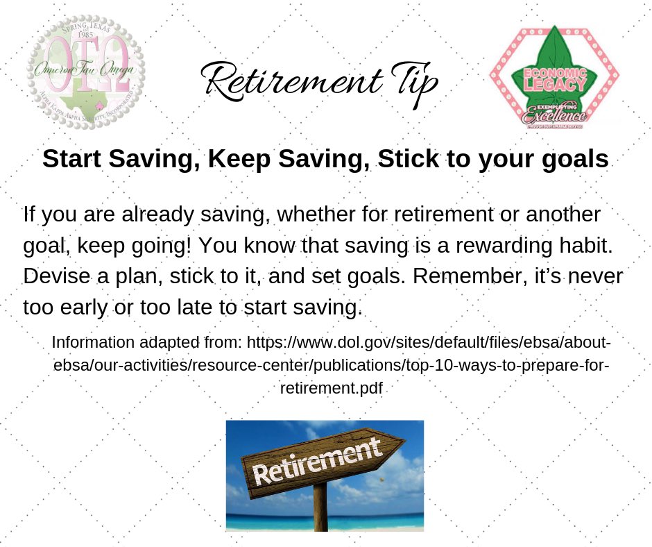 OmicronTauOmega's tweet photo. Are you saving and sticking to your goals? The month of May is all about planning for retirement...Here’s your #FinancialFriday tip. #AKA1908 #ExemplifyingExcellence #OmicronTauOmega #ΟΤΩ #SpringAKAs #SpringForExcellence #TargetIII #BuildingYourEconomicLegacy https://t.co/X9J72La0BB
