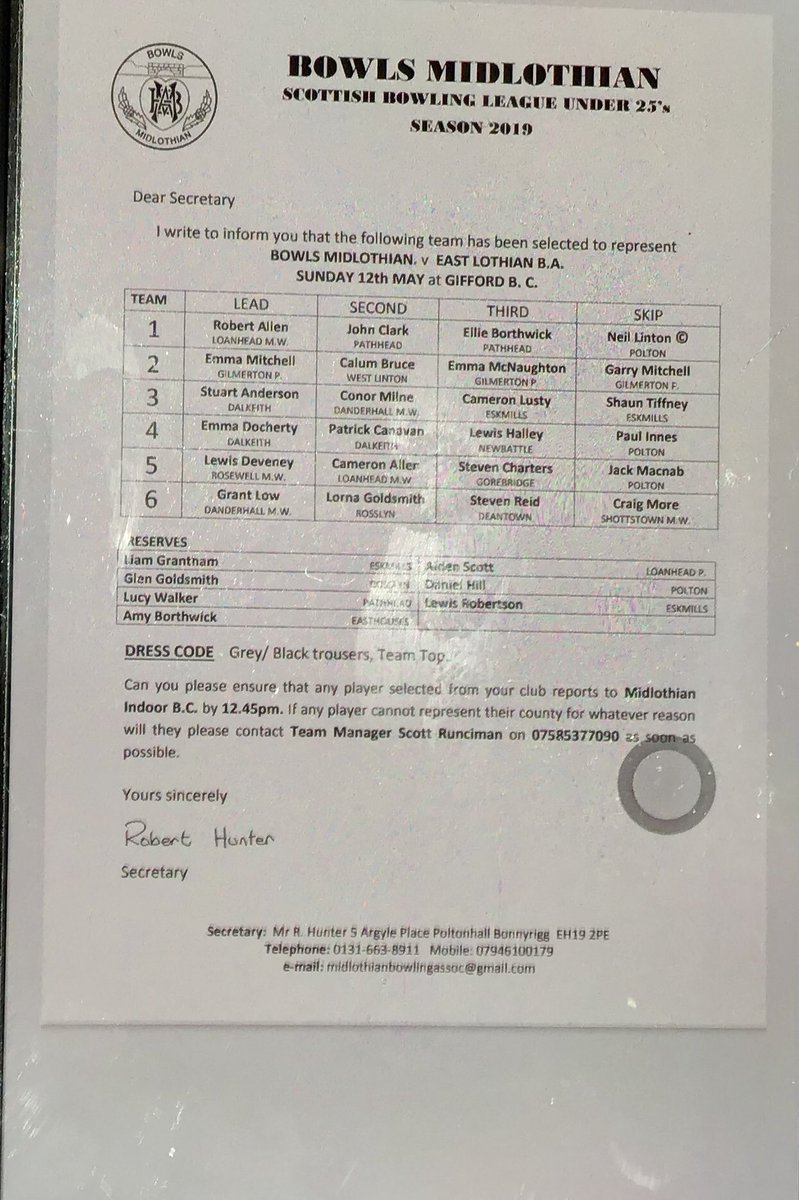 Team Manager Scott Runciman has announced the following team to play East Lothian B.A next Sunday 11th May in their opening match v East Lothian B.A @ Gifford BC.