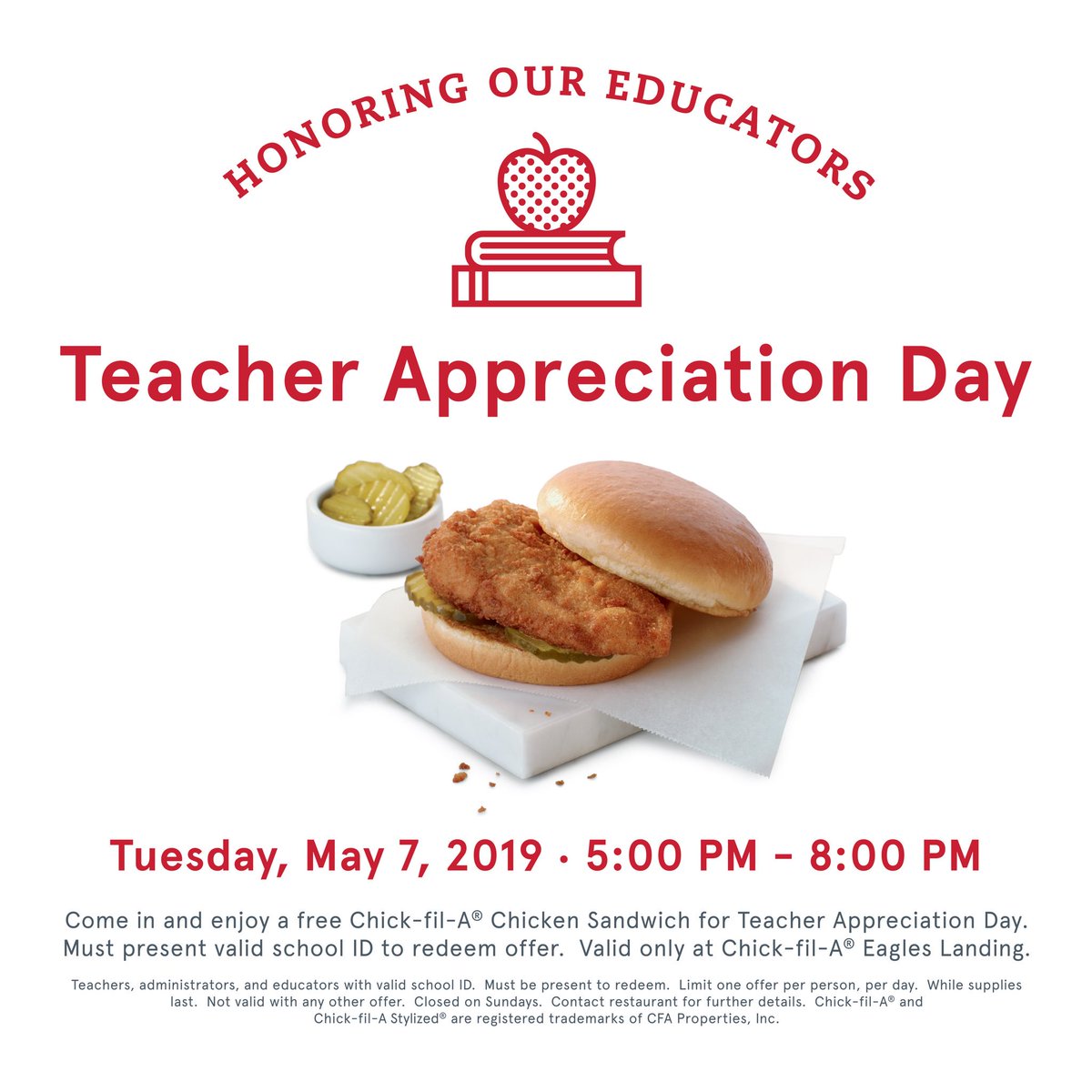 Chick-fil-A Eagles Landing (@chickfila_el) on Twitter photo On Tuesday, May 7th from 5pm – 8pm, Chick-fil-A Eagles Landing will honor local teachers, educators, bus drivers, and administrators with a FREE Chick-fil-A Chicken Sandwich. A school or HCBOE ID is required to receive this free offer. You must be present to receive this offer. - On Tuesday, May 7th from 5pm – 8pm, Chick-fil-A Eagles Landing will honor local teachers, educators, bus drivers, and administrators with a FREE Chick-fil-A Chicken Sandwich. A school or HCBOE ID is required to receive this free offer. You must be present to receive this offer. -