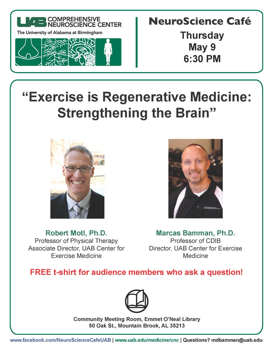 Want to know how exercise can strengthen your brain? Come listen to an interesting presentation by our director Dr. Bamman and associate director Dr. Motl at the UAB Comprehensive Neuroscience Center's NeuroScience Cafe on May 9 at @eolib #ExerciseMedicine
uab.edu/medicine/cnc/n…