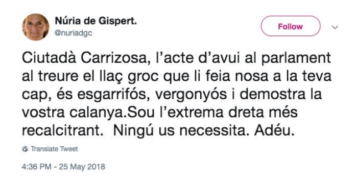 InesArrimadas's tweet photo. De Gispert no solo nos llama “cerdos”. Aquí tienen más tuits suyos, donde fomenta el odio hacia los que no pensamos como ella. El separatismo premia a las personas conocidas por su supremacismo y xenofobia, a los que nos señalan, insultan o nos declaran personas non gratas.👇🏻 https://t.co/VE2zwhfVRv