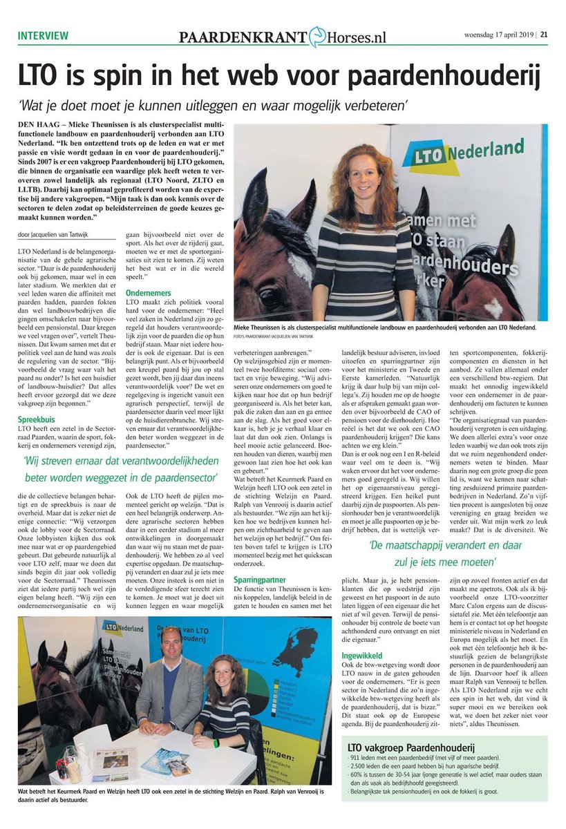 🐎 In De Paardenkrant een interview met Mieke Theunissen van LTO Nederland. Waar is LTO Paardenhouderij bij betrokken en hoe kijken ze naar de verschillende onderwerpen? Lees meer ⬇️