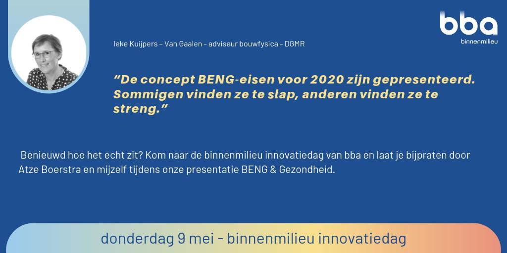 De concepteisen voor BENG zijn er. Benieuwd hoe het echt zit? @Atze_Boerstra van bba en Ieke Kuijpers-Van Gaalen van <a href="/DGMRadviseurs/">DGMR Adviseurs</a> praten je bij. Er zijn nog plekken beschikbaar voor de binnenmilieu innovatiedag op 9 mei a.s. binnenmilieu.nl/innovatiedag/