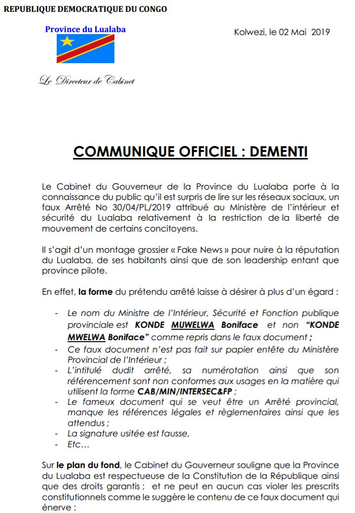 AgMbila's tweet photo. Les autorités du Lualaba respectent les principes d :

1. l'égalité d ts les Congolais;
2. La libre circulation e libre fixation d résidence;
Tte info parlant d la restriction d mvt d certains concitoyens est une fakenews.@moise_katumbi @fatshi13 @MartinFayulu @DSESANGA @AgMbila https://t.co/ejQd5H55U2