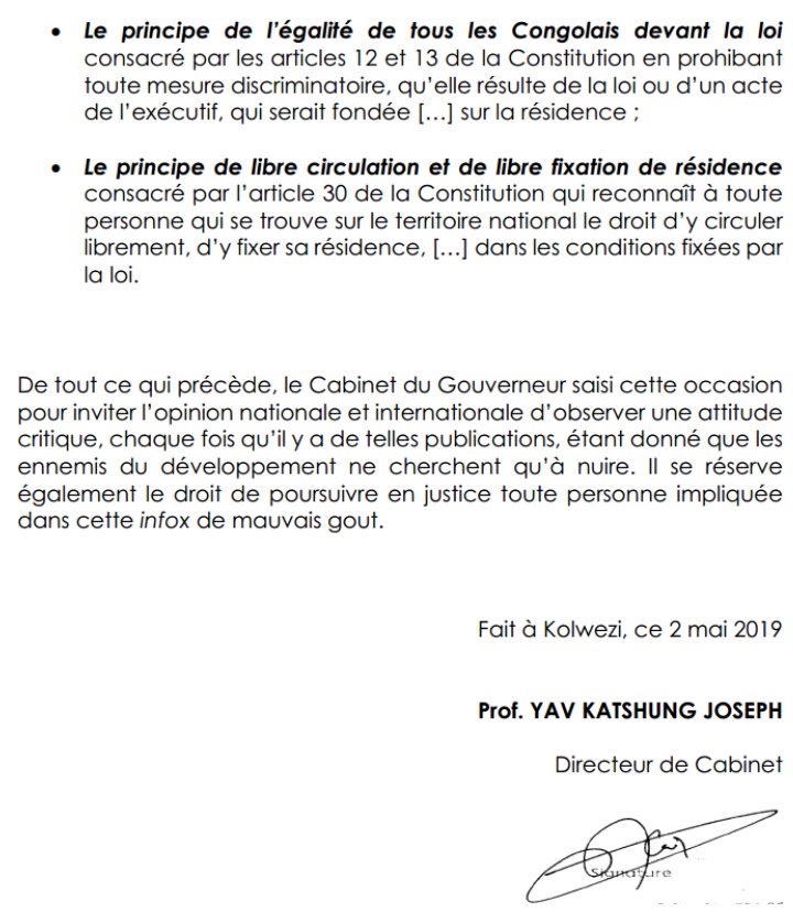 AgMbila's tweet photo. Les autorités du Lualaba respectent les principes d :

1. l'égalité d ts les Congolais;
2. La libre circulation e libre fixation d résidence;
Tte info parlant d la restriction d mvt d certains concitoyens est une fakenews.@moise_katumbi @fatshi13 @MartinFayulu @DSESANGA @AgMbila https://t.co/ejQd5H55U2