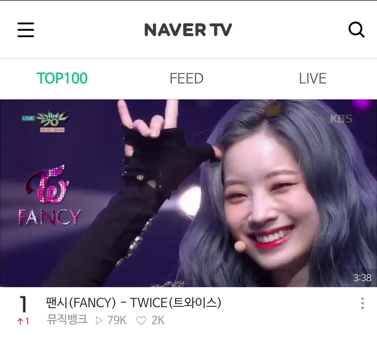 SubjectKpop2's tweet photo. TWICE 'FANCY' performance on Music Bank today is #1 on Naver TV Top 100 now 👍 @JYPETWICE 

The comments are so positive 😊
- You worked hard for the promotion this time
- Fighting for the concert's preparation
-Let's meet at the concert

#TWICE_FANCY https://t.co/jv33agcXtQ