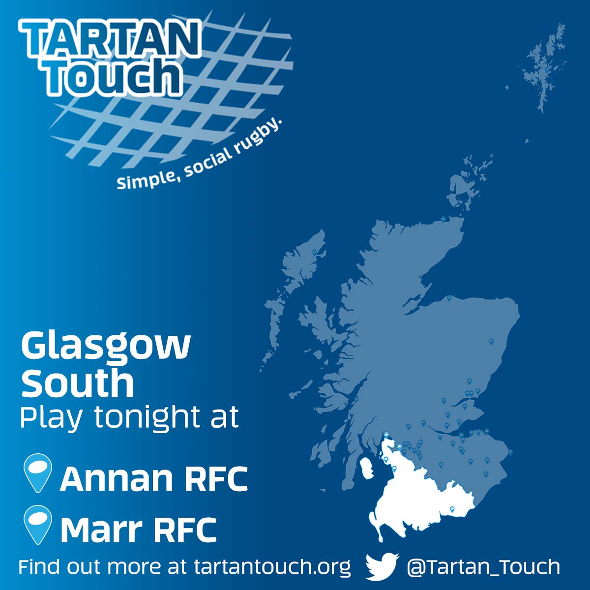 Papa Johns Tartan Touch (@tartan_touch) on Twitter photo ☀️🏉Kick off the weekend with Tartan Touch starting across 6⃣ hubs tonight:
<a href="/AnnanRugby/">Annan Rugby</a>
<a href="/GHArugby/">GHA Rugby Club</a>
<a href="/KelsoRugby/">Kelso RFC</a>
<a href="/KinrossRugby/">Kinross Rugby Club</a>
<a href="/MarrRugby/">Marr Rugby</a>
<a href="/PanmureRFC/">Panmure RFC</a>
A game for everyone! Sign up NOW - bit.ly/2UqLhiz ☀️🏉Kick off the weekend with Tartan Touch starting across 6⃣ hubs tonight:
<a href="/AnnanRugby/">Annan Rugby</a>
<a href="/GHArugby/">GHA Rugby Club</a>
<a href="/KelsoRugby/">Kelso RFC</a>
<a href="/KinrossRugby/">Kinross Rugby Club</a>
<a href="/MarrRugby/">Marr Rugby</a>
<a href="/PanmureRFC/">Panmure RFC</a>
A game for everyone! Sign up NOW - bit.ly/2UqLhiz