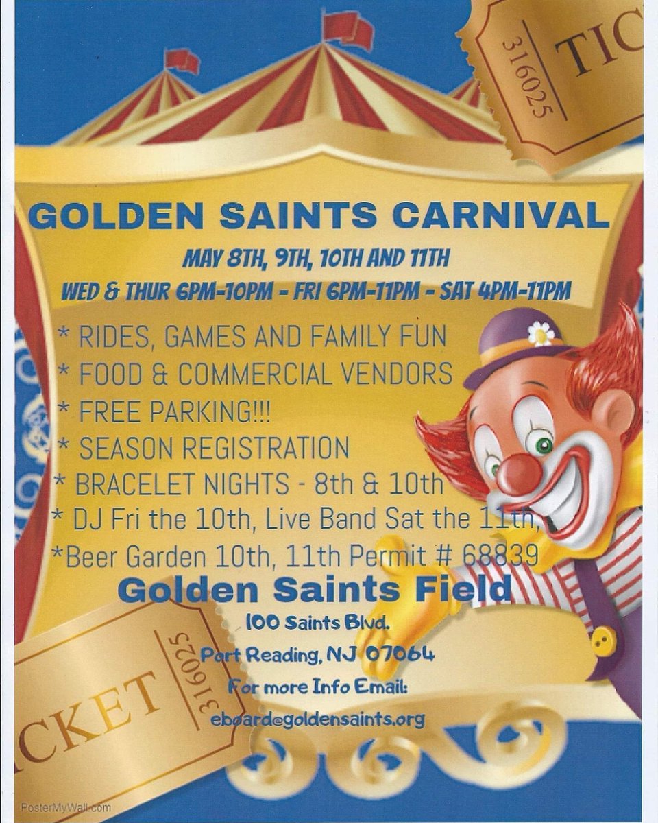 WGSaints's tweet photo. 🎡 The Woodbridge Golden ⚜️ Saints 8th Annual Carnival next Wednesday 5/8 opening at 6pm thru Saturday 5/11, Check it out!!!
   
Come on out and have some fun and help support the Boys and Girls of The Wooddbridge Golden Saints!

Any questions email us at eboard@goldensaints.org. https://t.co/D63HwWYgPc