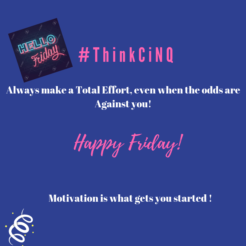 CINQRecruitment's tweet photo. Good Morning! Happy Friday Everyone!
#ThinkCiNQ #hiring #recruiting #staffing
#marketing #jobopportunity #wearehiring
#fridayquotes #itsfriday #inspiration
#tips #motivation #letswork #business
#socialmediamarketing #fridaythoughts
#fridayfeeling #pleaseretweet https://t.co/g2xH3Pds2H