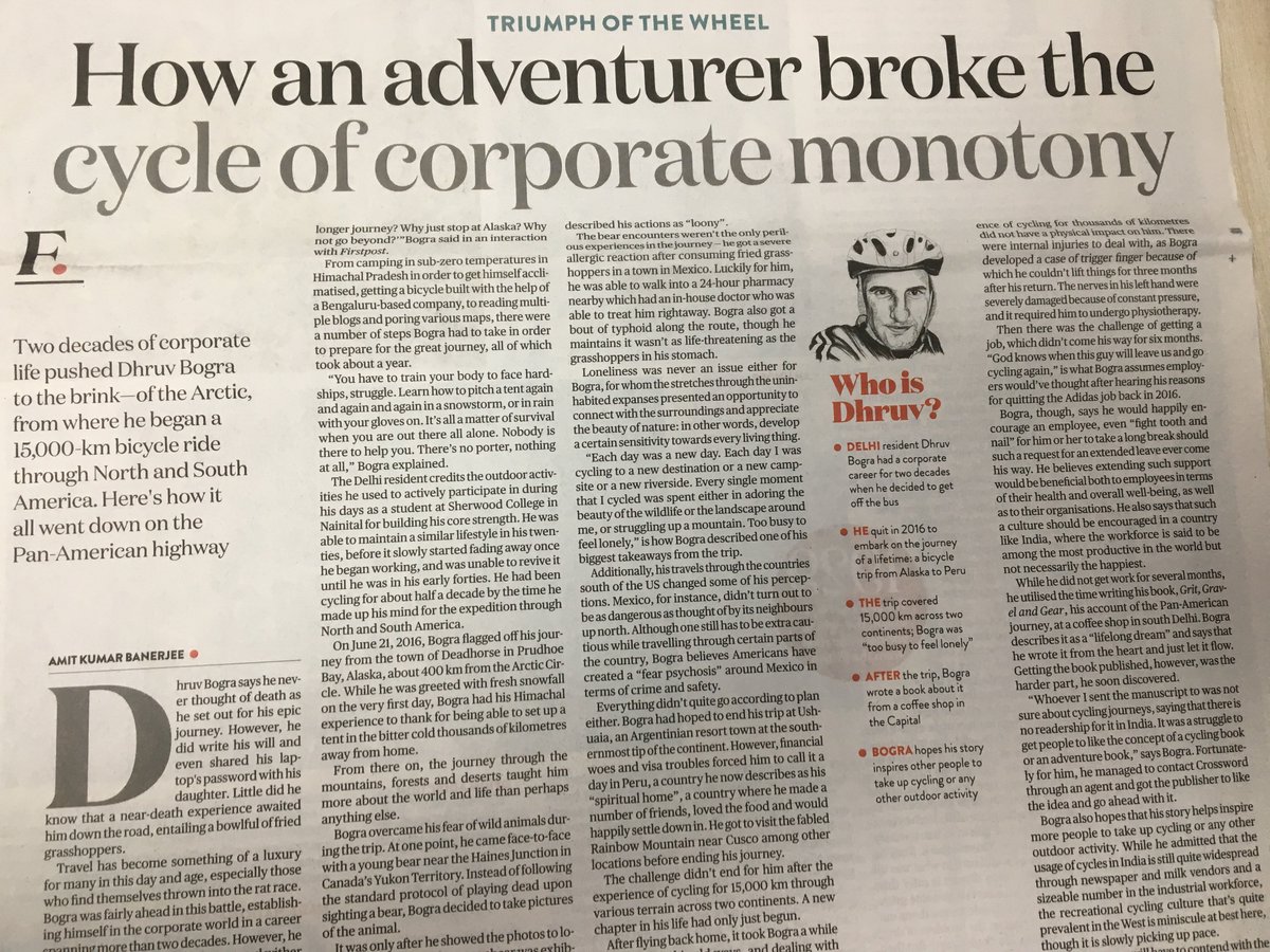 akb287's tweet photo. In my debut piece for #FirstpostPrint, I had the pleasure of chatting with Dhruv Bogra, who quit a cushy corporate job to go live his dream of covering 15,000 km across two continents on a bicycle, from the #Arctic to the #Andes
Full article 👇
https://t.co/3NvbKgYeje https://t.co/qTapu4KjRF
