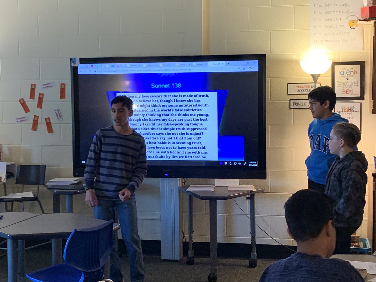 10JenniferR's tweet photo. 7th grade Discovery Sonnet interpretations, dramatic readings, and amazing presentations! Love the use of the 4Cs in creating and sharing their visions. #Keller #innovate54 #4Cs https://t.co/UvgIO7Zm1M