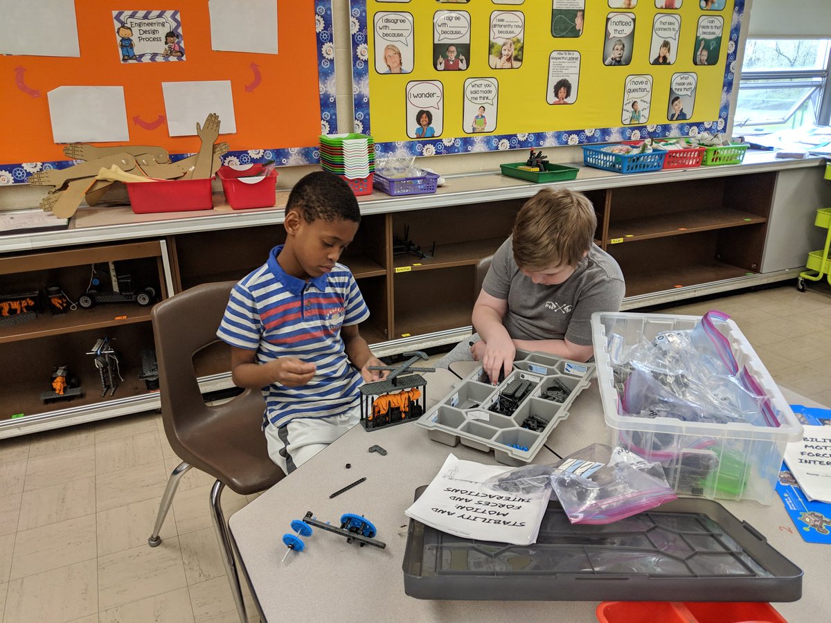 CBelcher_STEM's tweet photo. Eastview @eastv_rams  3rd graders working on a compound machine to lift our poor tiger out of a moat. Can't wait to see what they come up with! #PLTW #PLTWEastview https://t.co/DOo8M544zV
